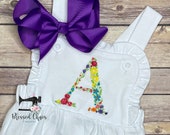 Girls Ruffle Romper with Floral Letter, White Ruffle Sunsuit, Monogrammed Baby Bubble, Personalized Sunsuit, Girls Summer Outfit,