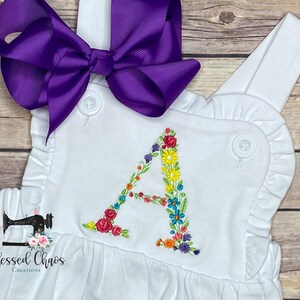 Girls Ruffle Romper with Floral Letter, White Ruffle Sunsuit, Monogrammed Baby Bubble, Personalized Sunsuit, Girls Summer Outfit,