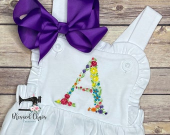 Girls Ruffle Romper with Floral Letter, White Ruffle Sunsuit, Monogrammed Baby Bubble, Personalized Sunsuit, Girls Summer Outfit,