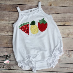 Summer Fruit Trio Ruffle Bubble, Girls Summer Romper, Fruit Appliqué Shirt, Ruffle Tank Baby Bubble, Watermelon, Pineapple, Strawberry,