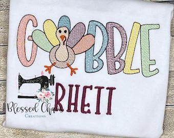 Camisa bordada con texto "Glubble" para Acción de Gracias, pavo bordado, camisa con texto "Glubble" para pavo, camisa de otoño para niños, pavo de Acción de Gracias para niños