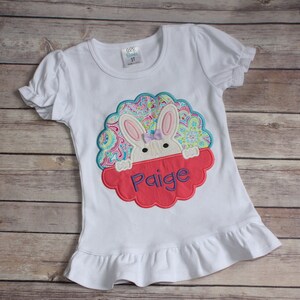 Girls Peeking Easter Bunny Appliqué Shirt, Personalized Girls Easter Appliqué Shirt, Peeking Easter Bunny Shirt, Girls Easter Shirt image 2