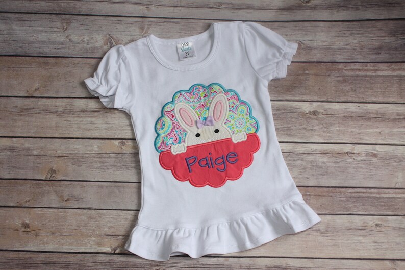 Girls Peeking Easter Bunny Appliqué Shirt, Personalized Girls Easter Appliqué Shirt, Peeking Easter Bunny Shirt, Girls Easter Shirt image 2