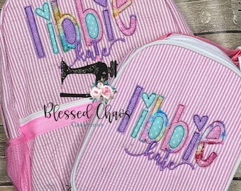 Kids Personalized Applique backpack, Fabric Name Backpack, Daycare Bookbag, Personalized Booksack, Seersucker Bookbag