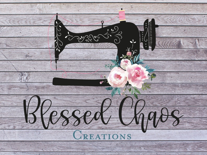 May include: Black silhouette of a sewing machine with pink thread and a floral design. The text "Blessed Chaos Creations" is below the image.