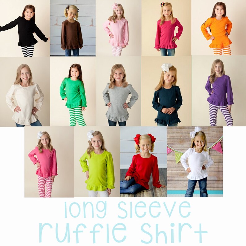Puede incluir: Una colecci&oacute;n de camisas de manga larga con volantes para ni&ntilde;as en varios colores, incluyendo negro, marr&oacute;n, rosa, naranja, blanco, verde, gris, azul marino, morado, rojo, verde lima y blanco. Las camisas tienen un adorno de volantes en la parte inferior.