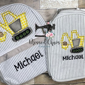 Sac à dos personnalisé avec appliqués pour enfants, sac à dos excavatrice pour garçons, cartable pour garderie, cartable personnalisé, cartable en seersucker, sac de construction