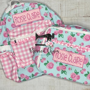 Sac à dos et boîte à lunch personnalisés pour enfants, cartable à monogramme, sac à dos pour fille avec boîte à lunch assortie, sac à dos à fleurs