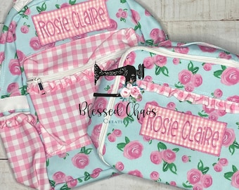 Kids Personalized Backpack and Lunchbox, Monogrammed Bookbag, Girls Full Size Backpack with Matching Lunchbox, Floral Backpack