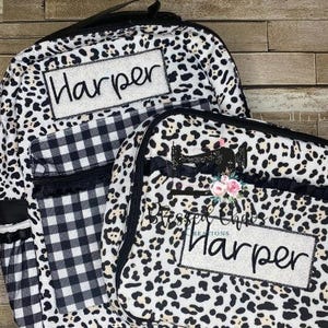 Sac à dos et boîte à lunch personnalisés à imprimé léopard pour enfants, cartable à monogramme, sac à dos pour fille avec boîte à lunch assortie, tapis de sieste léopard
