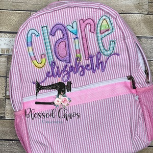 Sac à dos en applique personnalisé pour enfants, sac à dos avec nom de tissu, cartable de garderie, livre personnalisé, cartable Seersucker pour filles