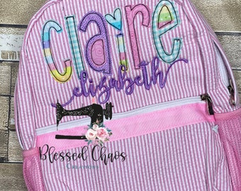 Kids Personalized Applique backpack, Fabric Name Backpack, Daycare Bookbag, Personalized Booksak, Girls Seersucker Bookbag