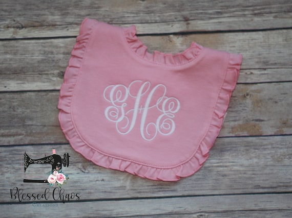Monogrammed Baby Girl Pink Ruffle Bib, Personalized Baby Girl Bib, Personalized Baby Shower Gift, Baby Girl Gift