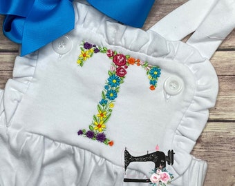 Girls Ruffle Romper with Floral Letter, White Ruffle Sunsuit, Monogrammed Baby Bubble, Personalized Sunsuit, Girls Summer Outfit,