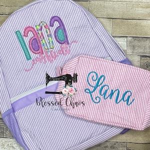 Sac à dos personnalisé avec appliqués pour enfants, sac à dos avec nom en tissu, cartable pour garderie, cartable personnalisé, cartable en seersucker