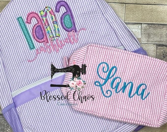 Kids Personalized Applique backpack, Fabric Name Backpack, Daycare Bookbag, Personalized Booksack, Seersucker Bookbag