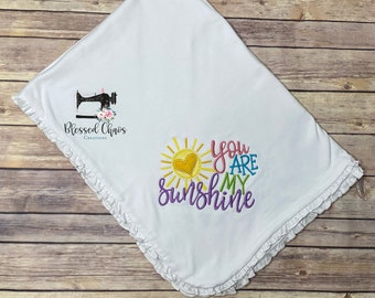 You Are My Sunshine Baby Blanket, Sunshine Baby Quilt, Stroller Blanket, White Ruffle Blanket, Baby Shower Gift