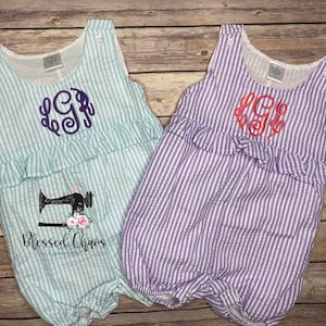 Girls Ruffle Romper, Monogrammed Ruffle Romper, Seersucker Ruffle Romper, Monogrammed Bubble, Girls Summer Outfit, Seersucker Outfit