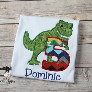 Boys Fifth Birthday Dinosaur Appliqué Shirt, Dinosaur Theme Birthday, Personalized T-Rex Applique Birthday Shirt, Boys 5th Birthday Shirt