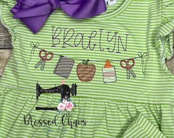 Girls Back to School Dress, Embroidered Back to School Dress, First Day Outfit, Personalized School Dress, Girls School Supply Dress