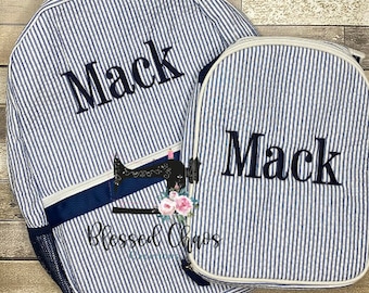 Boys Personalized Seersucker Backpack, Monogram or Name Backpack, Daycare Bookbag, Seersucker Bookbag, Monogrammed Diaper Bag