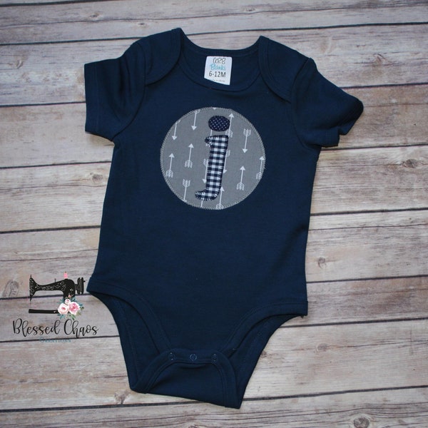 Monogrammed Boys Shirt, Arrow Initial Baby Bodysuit, Single Letter Appliqué Bodysuit, Arrow & Navy Gingham