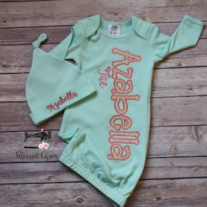 Personalized Mint & Pink Floral Baby Gown, Coming Home Outfit, Baby Shower Gift, Take Home Baby Gown