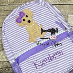 Girls Puppy Backpack, Personalized Applique backpack, Daycare Bookbag, Personalized Booksack, Girls Seersucker Bookbag, Puppy