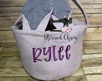 Embroidered Easter Bunny Basket, Custom Easter Basket, Personalized Easter Basket, Seersucker Basket, Personalized Seersucker Tote Bags