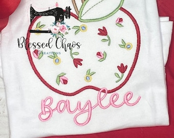 Girls Back to School Shirt, Back to School Shirt, Stitched Floral Apple School Shirt, Back To School Outfit, Personalized School Shirt