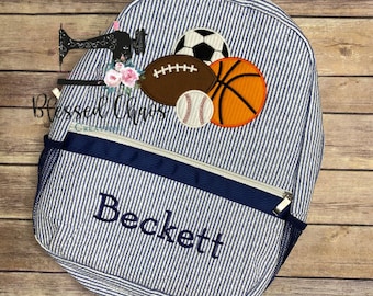 Kids Personalized Sports Applique backpack, Boys Sports Backpack, Daycare Bookbag, Personalized Booksack, Seersucker Bookbag, Sports Bag