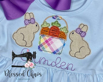 Camisa con aplicación de conejito de Pascua para niñas, camisa personalizada con aplicación de Pascua para niñas, traje de Pascua para niñas, camisa de Pascua personalizada para niñas, túnica