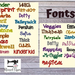 Peut inclure: Une liste de polices de caract&egrave;res pour des motifs de broderie, comprenant des noms comme "Kinder", "Kidprint", "Fat Dot", "Charlie", "Dotty", "Serif", "Baileywick", "Funny", "Penguin", "Robinne", "Sofia", "Simple", "Shake", "Thick", "Rockwell", "Childish", "Kristen", "Kinder Kid", "Veggies", "Ellie", "Itmabean", "Charm", "Fatrytale", "Jambo", "Betty", "Dollhouse", "Happyday", "Hiccups", "Mr Giggles", "Miss Giggles", et "Magical".