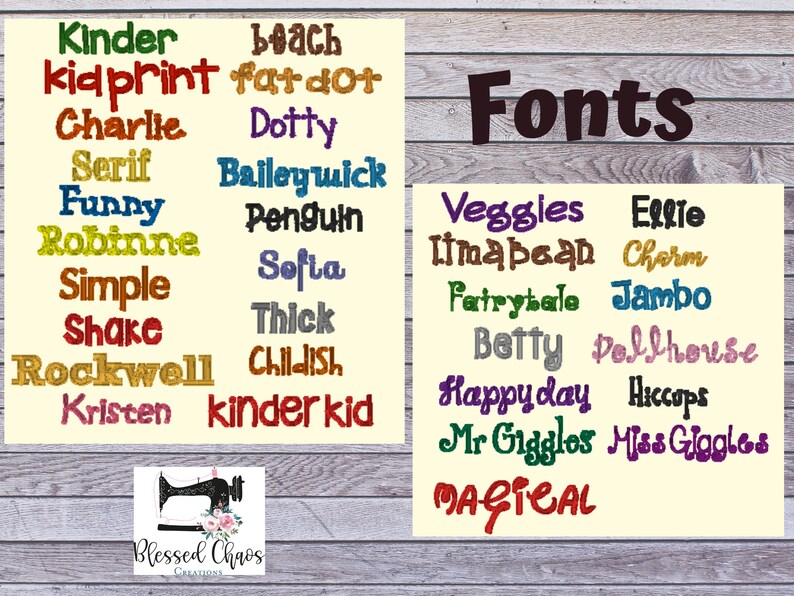 Peut inclure: Une liste de polices de caract&egrave;res pour des motifs de broderie, comprenant des noms comme "Kinder", "Kidprint", "Fat Dot", "Charlie", "Dotty", "Serif", "Baileywick", "Funny", "Penguin", "Robinne", "Sofia", "Simple", "Shake", "Thick", "Rockwell", "Childish", "Kristen", "Kinder Kid", "Veggies", "Ellie", "Itmabean", "Charm", "Fatrytale", "Jambo", "Betty", "Dollhouse", "Happyday", "Hiccups", "Mr Giggles", "Miss Giggles", et "Magical".