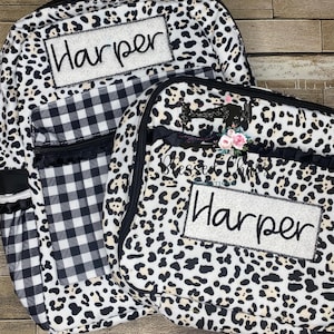 Kids Personalized Leopard Print Backpack and Lunchbox, Monogrammed Bookbag, Girls Full Size Backpack with Matching Lunchbox