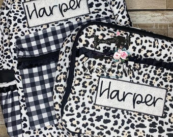 Kids Personalized Leopard Print Backpack and Lunchbox, Monogrammed Bookbag, Girls Full Size Backpack with Matching Lunchbox