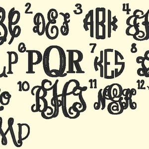 May include: A sheet of paper with 13 different monogram designs, each numbered 1 through 13. The monograms are in a black font and are arranged in rows.