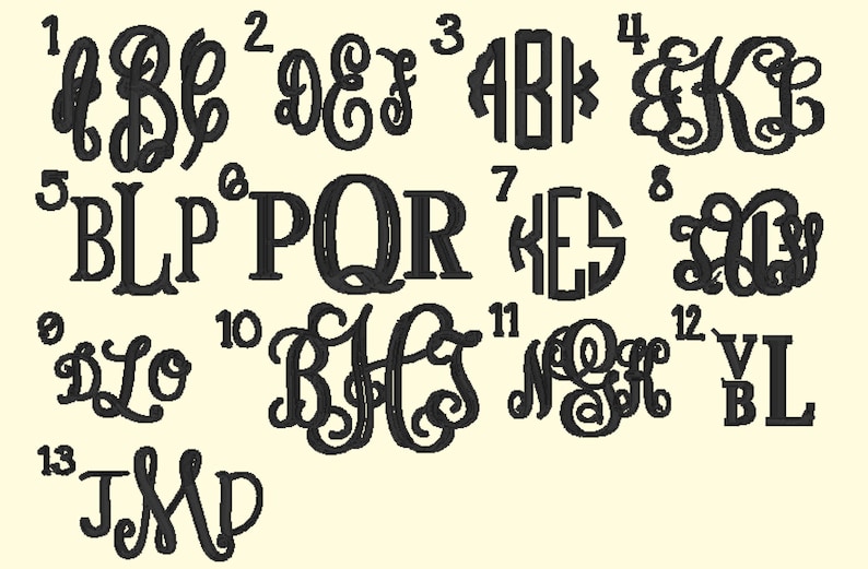 May include: A sheet of paper with 13 different monogram designs, each numbered 1 through 13. The monograms are in a black font and are arranged in rows.