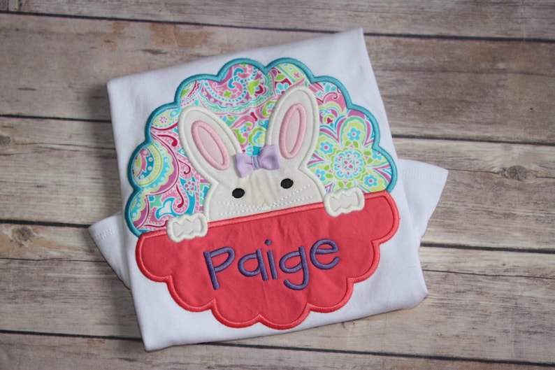 Girls Peeking Easter Bunny Appliqué Shirt, Personalized Girls Easter Appliqué Shirt, Peeking Easter Bunny Shirt, Girls Easter Shirt image 1