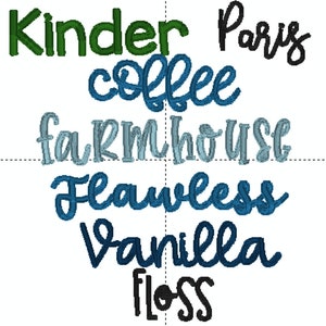 K&ouml;nnte beinhalten: Ein Grafikdesign-Bild mit den W&ouml;rtern "Kinder", "Paris", "coffee", "farmhouse", "Flawless", "Vanilla" und "Floss" in verschiedenen Farben und Schriftarten.
