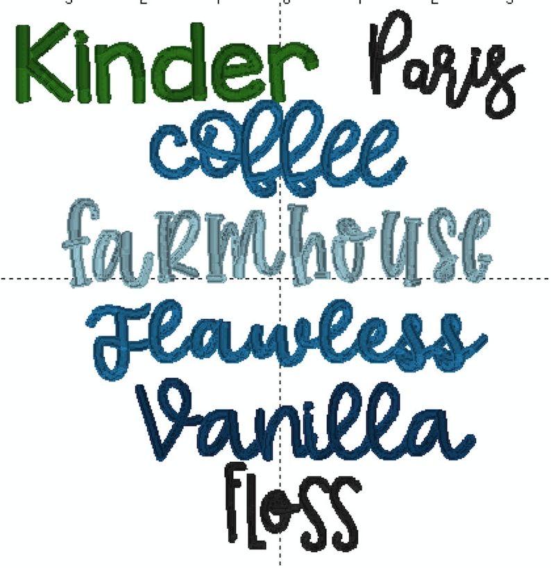 K&ouml;nnte beinhalten: Ein Grafikdesign-Bild mit den W&ouml;rtern "Kinder", "Paris", "coffee", "farmhouse", "Flawless", "Vanilla" und "Floss" in verschiedenen Farben und Schriftarten.