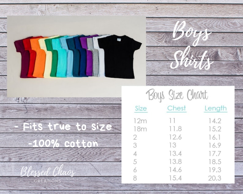 Peut inclure: Un tableau des tailles pour chemises de gar&ccedil;ons, indiquant les mesures de la poitrine et de la longueur en pouces. Le tableau comprend les tailles de 12 mois &agrave; 8 ans. L'image montre &eacute;galement une vari&eacute;t&eacute; de couleurs de t-shirts pour gar&ccedil;ons.