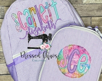 Kids Personalized Applique backpack, Fabric Name Backpack, Daycare Bookbag, Personalized Booksack, Seersucker Bookbag, Matching Lunchbox