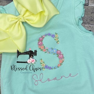 Girls Angel Sleeve Ruffle Romper with Floral Letter, Monogrammed Baby Bubble, Personalized Romper, Girls Summer Outfit, Pastel Floral Design