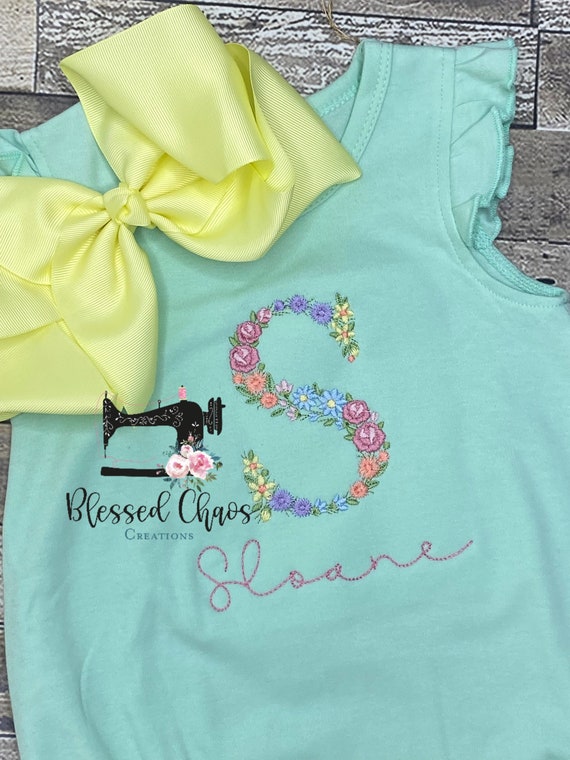Girls Angel Sleeve Ruffle Romper with Floral Letter, Monogrammed Baby Bubble, Personalized Romper, Girls Summer Outfit, Pastel Floral Design