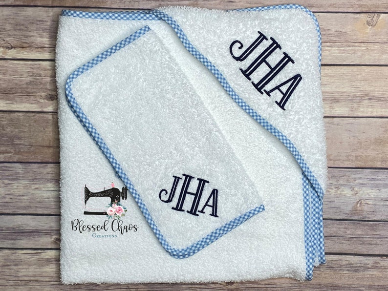 Monogrammed Hooded Baby Towel Set, Gingham Hooded Towel and Wash Cloth, Personalized Towel Set, Baby Shower Bath Gift image 1