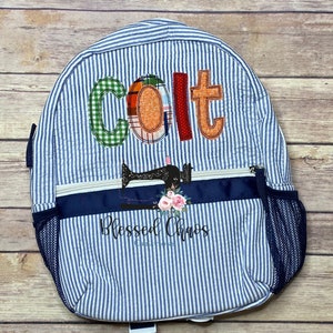 Zaino Applique personalizzato per ragazzi, zaino con nome in tessuto, borsa per asilo nido, borsa per libri personalizzata, borsa per libri Seersucker