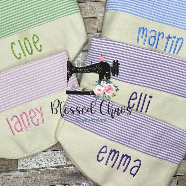 Embroidered Easter Basket, Custom Easter Basket, Personalized Easter Basket, Seersucker Basket, Personalized Seersucker Tote Bags