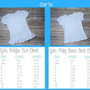Puede incluir: Tabla de tallas para camisas de manga abullonada y con volantes para ni&ntilde;as. La tabla muestra las tallas de 12 meses a 12 a&ntilde;os, con las medidas de pecho, ancho y largo en pulgadas.