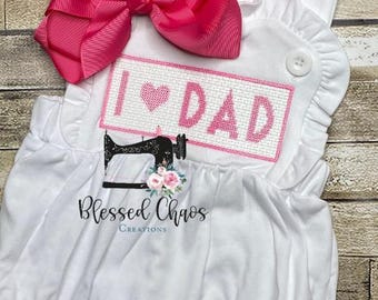 I Love Dad Girls Ruffle Sunsuit, Girls Father's Day Outfit, I Love Dad Outfit, Faux Smock I Love Dad Shirt, New Dad Shirt